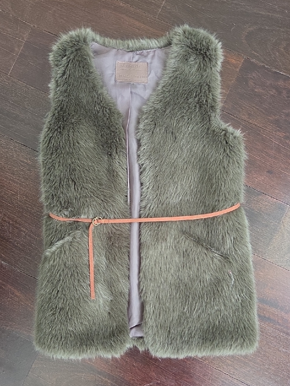 GIRL'S KID'S ZARA FAUX FUR JACKET VEST SIZE 5-6 $60 GREY GREEN WITH BELT